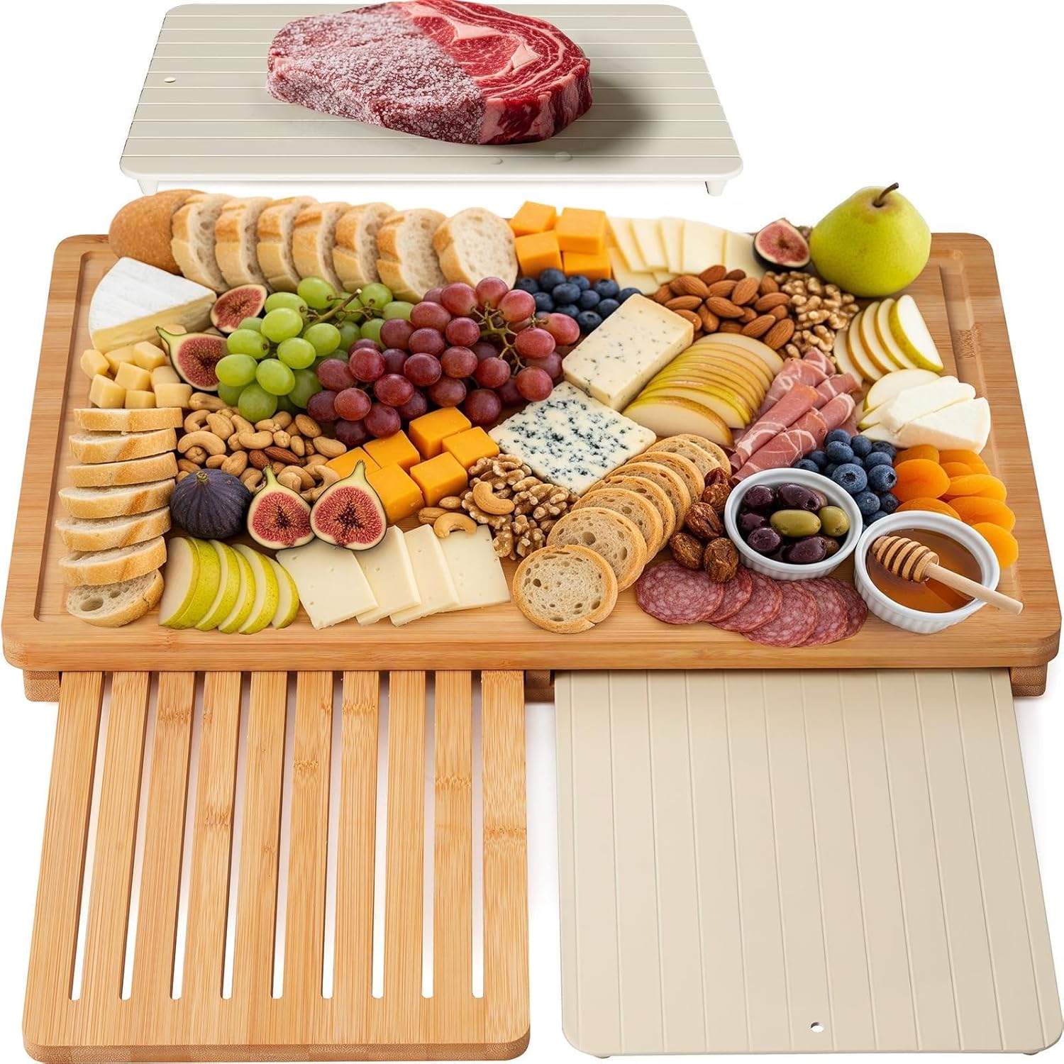 Meal Prep Juice - Bamboe snijplankset, ontdooibak, ingebouwde organizer, vaatwasserbestendig,
